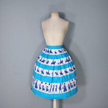 Load image into Gallery viewer, 50s ST MICHAEL NOVELTY SKIRT IN BLUE STRIPE PRINT WITH GREETING BOYS AND GIRLS - XS-S