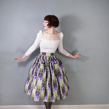 Load image into Gallery viewer, 50s 60s GREEN PURPLE FLORAL FULL SKIRT WITH POCKETS - 25-26"