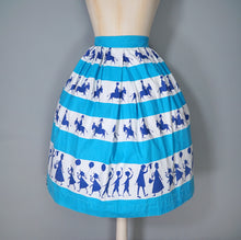 Load image into Gallery viewer, 50s ST MICHAEL NOVELTY SKIRT IN BLUE STRIPE PRINT WITH GREETING BOYS AND GIRLS - XS-S