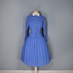 50s FLECKED BLUE DROP WAISTED LONG SLEEVE AUTUMN DRESS - S