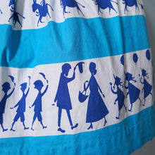 Load image into Gallery viewer, 50s ST MICHAEL NOVELTY SKIRT IN BLUE STRIPE PRINT WITH GREETING BOYS AND GIRLS - XS-S