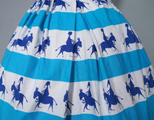 Load image into Gallery viewer, 50s ST MICHAEL NOVELTY SKIRT IN BLUE STRIPE PRINT WITH GREETING BOYS AND GIRLS - XS-S