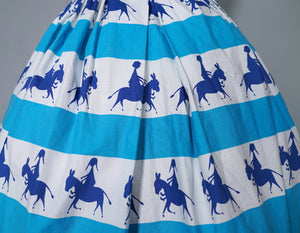 50s ST MICHAEL NOVELTY SKIRT IN BLUE STRIPE PRINT WITH GREETING BOYS AND GIRLS - XS-S