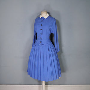 50s FLECKED BLUE DROP WAISTED LONG SLEEVE AUTUMN DRESS - S