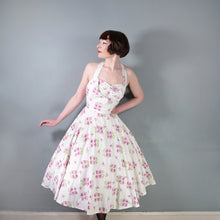 Load image into Gallery viewer, 50s BUNNY CASUALS OF MIAMI RHINESTONED FLORAL HALTER FULL SKIRT DRESS - S