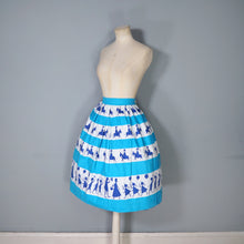 Load image into Gallery viewer, 50s ST MICHAEL NOVELTY SKIRT IN BLUE STRIPE PRINT WITH GREETING BOYS AND GIRLS - XS-S
