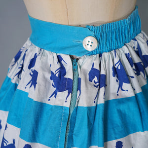 50s ST MICHAEL NOVELTY SKIRT IN BLUE STRIPE PRINT WITH GREETING BOYS AND GIRLS - XS-S