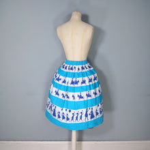 Load image into Gallery viewer, 50s ST MICHAEL NOVELTY SKIRT IN BLUE STRIPE PRINT WITH GREETING BOYS AND GIRLS - XS-S