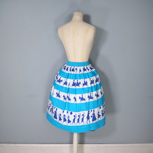 50s ST MICHAEL NOVELTY SKIRT IN BLUE STRIPE PRINT WITH GREETING BOYS AND GIRLS - XS-S