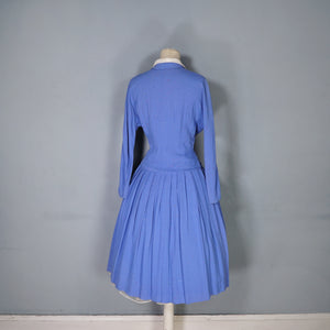 50s FLECKED BLUE DROP WAISTED LONG SLEEVE AUTUMN DRESS - S