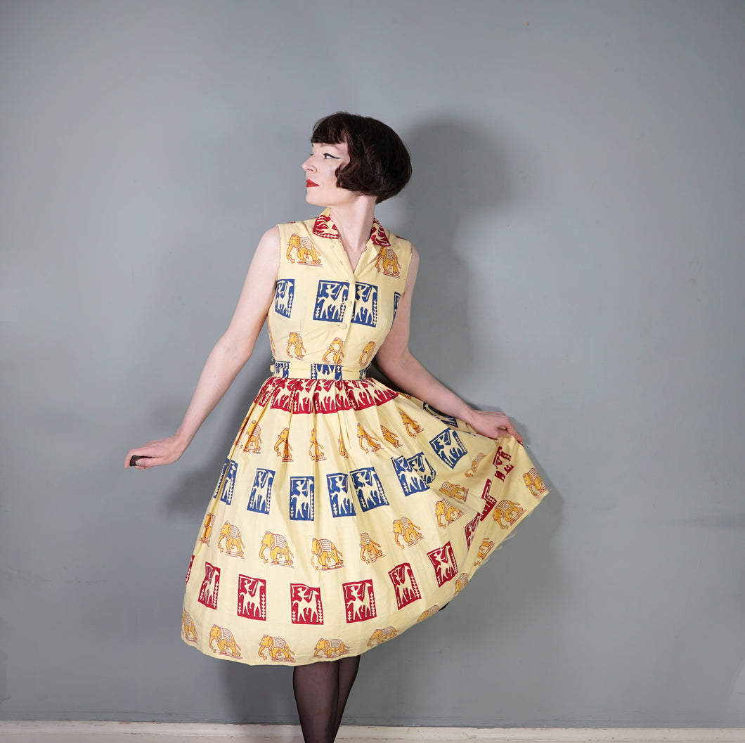 50s BRIGHT WARM YELLOW INDIAN ELEPHANT BLOCK PRINT COTTON DRESS - XS