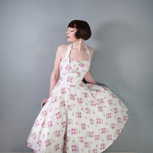 Load image into Gallery viewer, 50s BUNNY CASUALS OF MIAMI RHINESTONED FLORAL HALTER FULL SKIRT DRESS - S