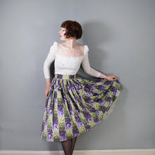 Load image into Gallery viewer, 50s 60s GREEN PURPLE FLORAL FULL SKIRT WITH POCKETS - 25-26"