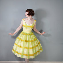 Load image into Gallery viewer, 50s 60s BRIGHT YELLOW AND LIME GREEN CHECK PRINT DRESS - XS-S