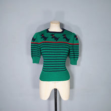 Load image into Gallery viewer, GREEN HANDKNIT TERRIER DOG PATTERN STRIPED CROPPED PUFF SLEEVE JUMPER - XS-S