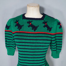 Load image into Gallery viewer, GREEN HANDKNIT TERRIER DOG PATTERN STRIPED CROPPED PUFF SLEEVE JUMPER - XS-S