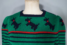 Load image into Gallery viewer, GREEN HANDKNIT TERRIER DOG PATTERN STRIPED CROPPED PUFF SLEEVE JUMPER - XS-S