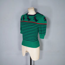 Load image into Gallery viewer, GREEN HANDKNIT TERRIER DOG PATTERN STRIPED CROPPED PUFF SLEEVE JUMPER - XS-S