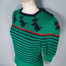 Load image into Gallery viewer, GREEN HANDKNIT TERRIER DOG PATTERN STRIPED CROPPED PUFF SLEEVE JUMPER - XS-S