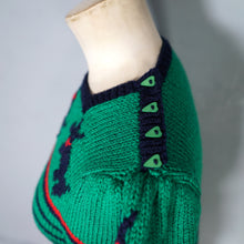 Load image into Gallery viewer, GREEN HANDKNIT TERRIER DOG PATTERN STRIPED CROPPED PUFF SLEEVE JUMPER - XS-S