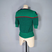 Load image into Gallery viewer, GREEN HANDKNIT TERRIER DOG PATTERN STRIPED CROPPED PUFF SLEEVE JUMPER - XS-S