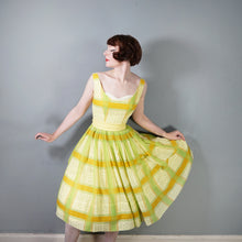 Load image into Gallery viewer, 50s 60s BRIGHT YELLOW AND LIME GREEN CHECK PRINT DRESS - XS-S