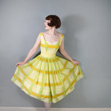 Load image into Gallery viewer, 50s 60s BRIGHT YELLOW AND LIME GREEN CHECK PRINT DRESS - XS-S