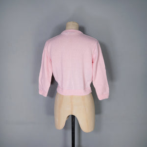 50s STYLE HANDKNIT BALLET PINK ROSE INTARSIAN CROPPED CARDIGAN - XS-S