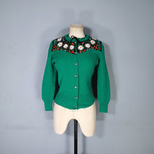 Load image into Gallery viewer, 70s RIB KNIT GREEN TYROLEAN FOLKLORE FLORAL EMBROIDERED CARDIGAN - S