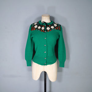 70s RIB KNIT GREEN TYROLEAN FOLKLORE FLORAL EMBROIDERED CARDIGAN - S