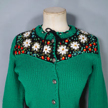 Load image into Gallery viewer, 70s RIB KNIT GREEN TYROLEAN FOLKLORE FLORAL EMBROIDERED CARDIGAN - S