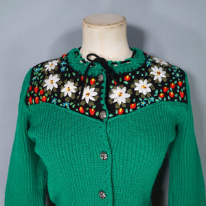 70s RIB KNIT GREEN TYROLEAN FOLKLORE FLORAL EMBROIDERED CARDIGAN - S