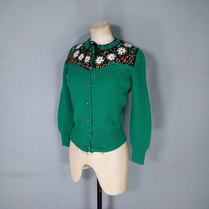 70s RIB KNIT GREEN TYROLEAN FOLKLORE FLORAL EMBROIDERED CARDIGAN - S