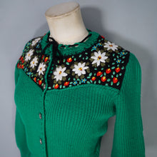 Load image into Gallery viewer, 70s RIB KNIT GREEN TYROLEAN FOLKLORE FLORAL EMBROIDERED CARDIGAN - S