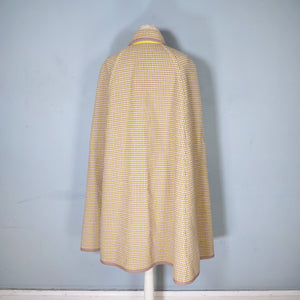 70s WETHERALL REVERSIBLE WOOL CAPE IN PLAID AND BOLD YELLOW - S-M