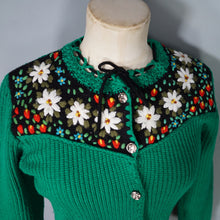 Load image into Gallery viewer, 70s RIB KNIT GREEN TYROLEAN FOLKLORE FLORAL EMBROIDERED CARDIGAN - S