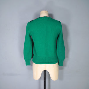 70s RIB KNIT GREEN TYROLEAN FOLKLORE FLORAL EMBROIDERED CARDIGAN - S