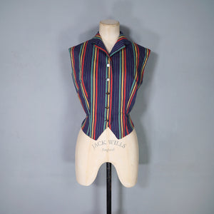 50s COLOURFUL RAINBOW STRIPE FITTED LADIES WAISTCOAT  SHIRT - S-M