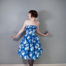Load image into Gallery viewer, 60s "WENDY" BOLD BLUE AND WHITE PRINT FIT AND FLARE DRESS - XS-S
