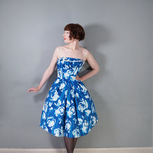 Load image into Gallery viewer, 60s "WENDY" BOLD BLUE AND WHITE PRINT FIT AND FLARE DRESS - XS-S