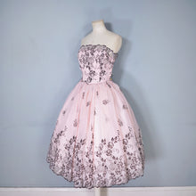 Load image into Gallery viewer, 50s A DIANA DRESS FLOCKED PINK STRAPLESS PROM / PARTY DRESS - S