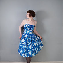 Load image into Gallery viewer, 60s "WENDY" BOLD BLUE AND WHITE PRINT FIT AND FLARE DRESS - XS-S