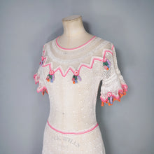 Load image into Gallery viewer, LIM'S VINTAGE WHITE AND PINK NET CROCHET SEE THROUGH SUMMER DRESS - S-M