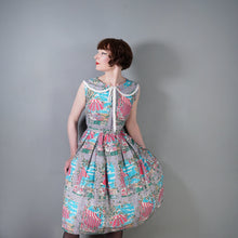 Load image into Gallery viewer, 50s PINK AND GREY FULL SKIRTED NOVELTY DRESS WITH BEACH AND CAFE WINDOW SCENE - S