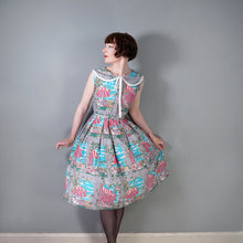 Load image into Gallery viewer, 50s PINK AND GREY FULL SKIRTED NOVELTY DRESS WITH BEACH AND CAFE WINDOW SCENE - S