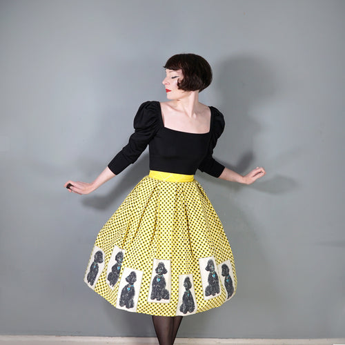 50s BRIGHT YELLOW POODLE DOG PRING FULL COTTON SKIRT - 27.5