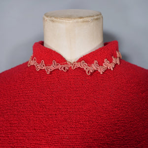 40s "LASS OF SCOTLAND" HANDLOOMED RED BOUCLE WOOL KNIT JUMPER TOP - S
