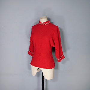 40s "LASS OF SCOTLAND" HANDLOOMED RED BOUCLE WOOL KNIT JUMPER TOP - S