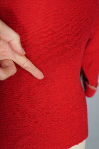 40s "LASS OF SCOTLAND" HANDLOOMED RED BOUCLE WOOL KNIT JUMPER TOP - S