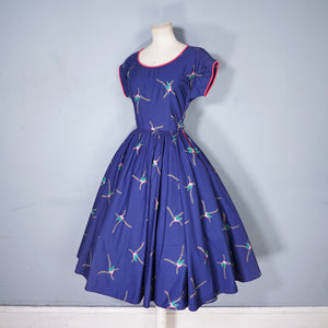 50s BLUE AND PINK FLORAL PRINT R&K ORIGINALS FULL SKIRTED DRESS - XS